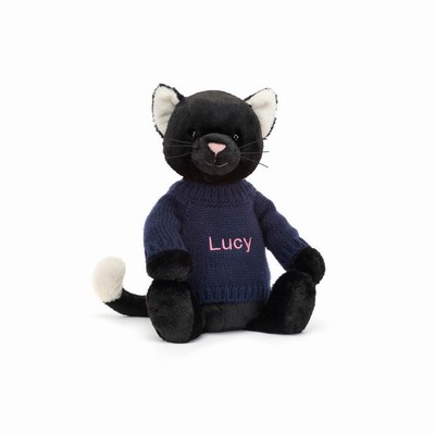 Jellycat Bashful Black Kitten with Navy Jumper Australia | 207145FLH